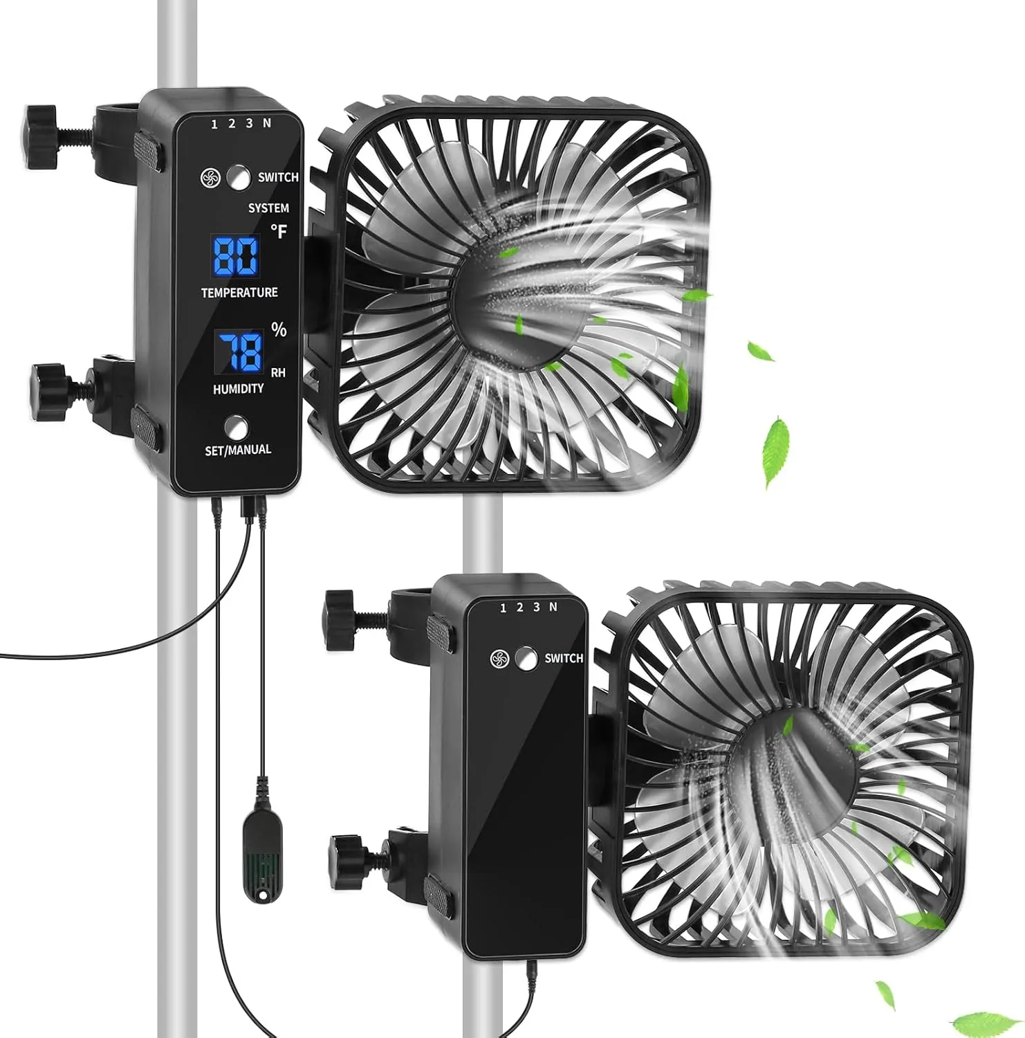 2-Pack 4” Grow Tent Fan With Temperature And Humidity Meter,Automatic Humidity Control,Oscillating Fan For Hydroponic Ventilation Circulation With Clips,Adjustable Speed Quiet Greenhouse
