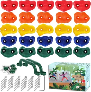25Pcs Rock Wall Climbing Holds for Kids with 2 Handles, Indoor and Outdoor Rock Wall Kit, Multi-Colored Climbing Rock Wall Grips for Playground Play Set, Climbing Toys for Kids Workout