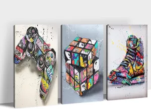 3-Pieces Colorful Sneaker Banksy Canvas-Wall-Art, Cool Gamepad Graffiti Banksy Street Canvas Painting for Boys Room Wall Decor, Pop Art Print Trippy Framed Poster for Kids Room Decor (20x30x3Pcs)