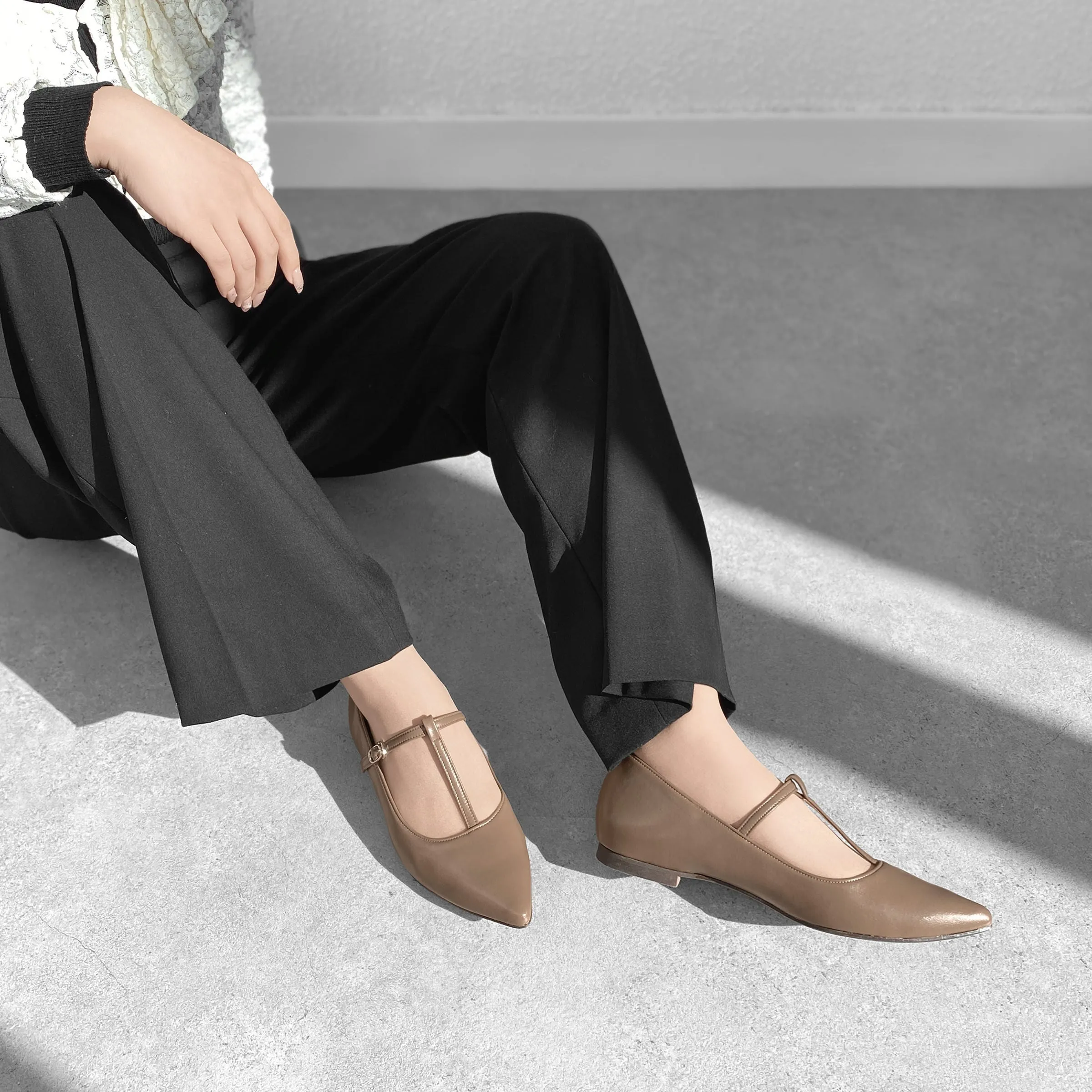 30% OFF: 2023AW: T-strap flat shoes (4796) dark beige