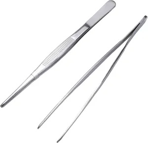 304 Stainless Steel Tweezers Straight Tweezer Multi Purpose Tweezers Flat Round Tip for Plants, Facial Ingrown Hairs Splinter Remover Daily Beauty Tool with Round Tip 200mm 2pcs
