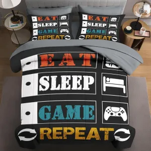 5 Pcs Twin Size Comforter Set with Pillowcase & Sham, Colorful Game Gaming Bedding for Kids and Adults, Kids Eat Sleep Repeat Bed in a Bag with Flat Fitted Sheet