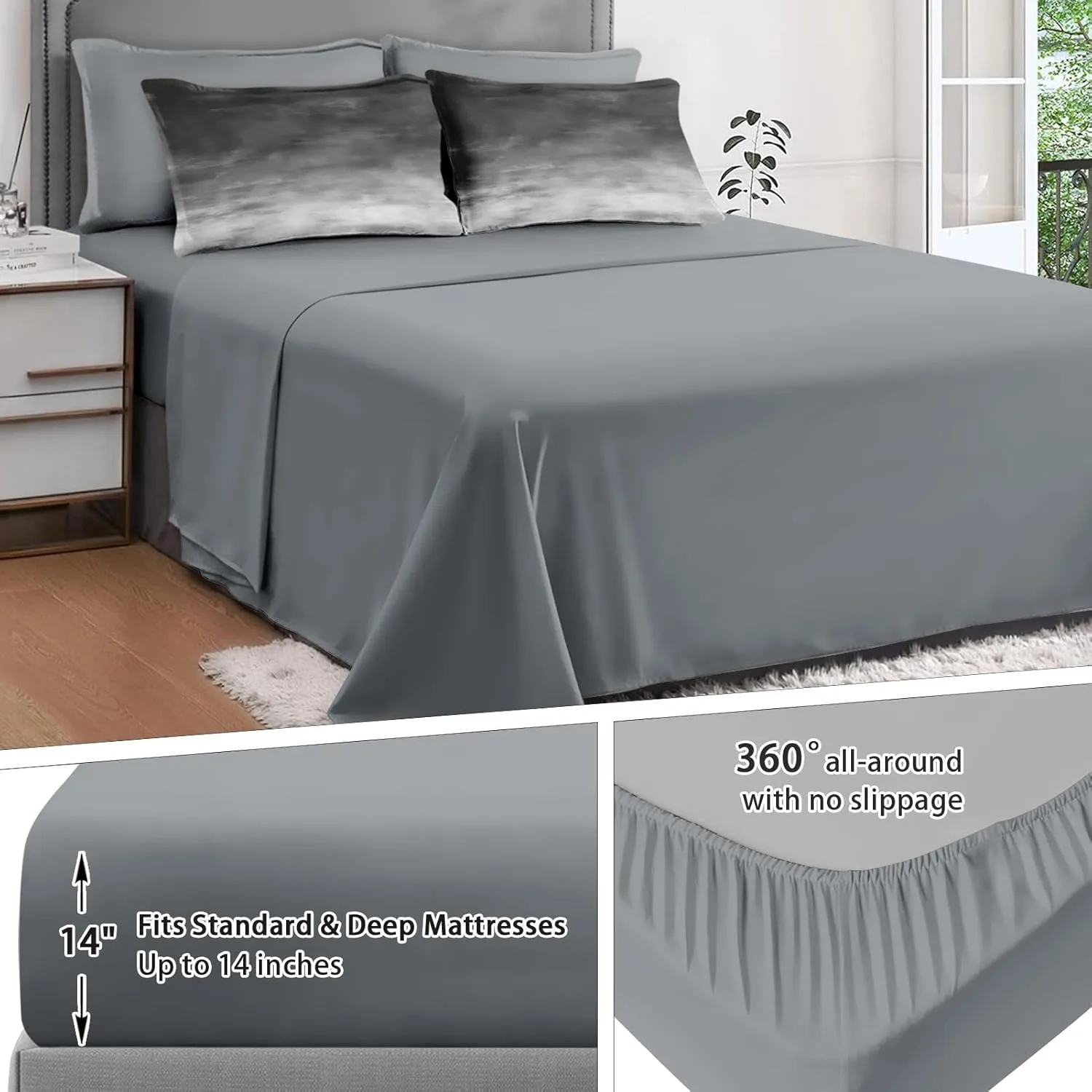 7 Pcs Comforter Set Queen Size, Space Grey Misty Bed in a Bag with Flat and Fitted Sheet for Kids and Adults, Cloud Abstract Nature Bedding Set with 2 Pillowcases & 2 Shams