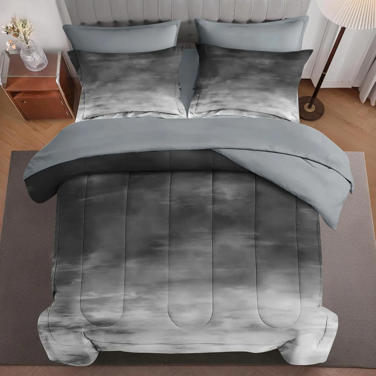 7 Pcs Comforter Set Queen Size, Space Grey Misty Bed in a Bag with Flat and Fitted Sheet for Kids and Adults, Cloud Abstract Nature Bedding Set with 2 Pillowcases & 2 Shams