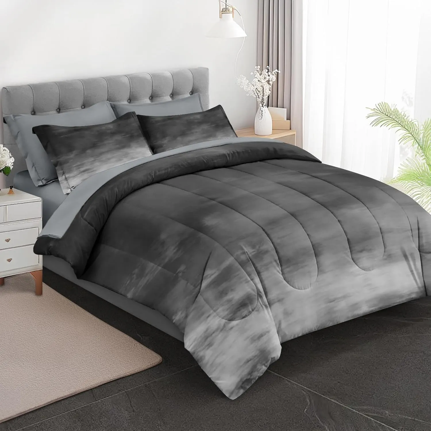7 Pcs Comforter Set Queen Size, Space Grey Misty Bed in a Bag with Flat and Fitted Sheet for Kids and Adults, Cloud Abstract Nature Bedding Set with 2 Pillowcases & 2 Shams