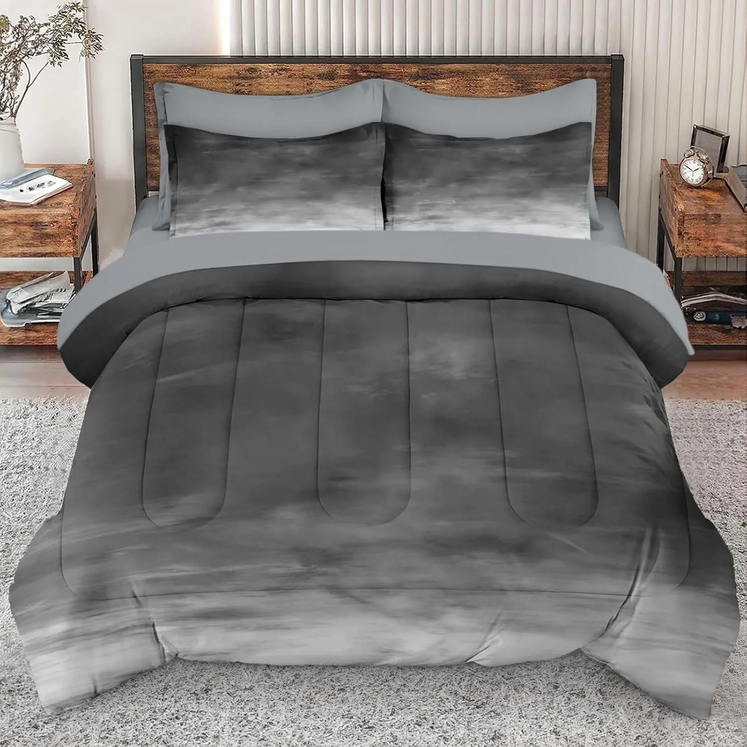 7 Pcs Comforter Set Queen Size, Space Grey Misty Bed in a Bag with Flat and Fitted Sheet for Kids and Adults, Cloud Abstract Nature Bedding Set with 2 Pillowcases & 2 Shams