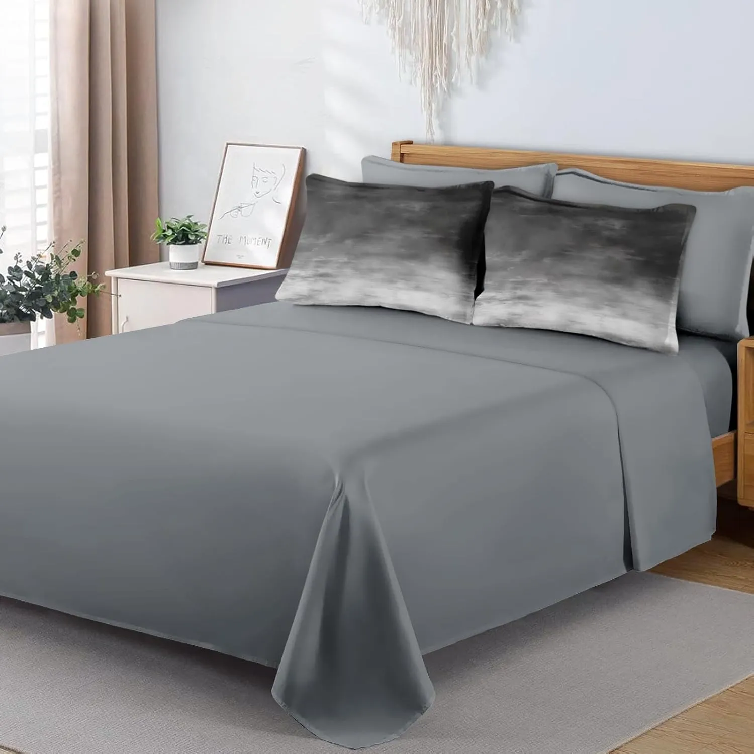 7 Pcs Comforter Set Queen Size, Space Grey Misty Bed in a Bag with Flat and Fitted Sheet for Kids and Adults, Cloud Abstract Nature Bedding Set with 2 Pillowcases & 2 Shams