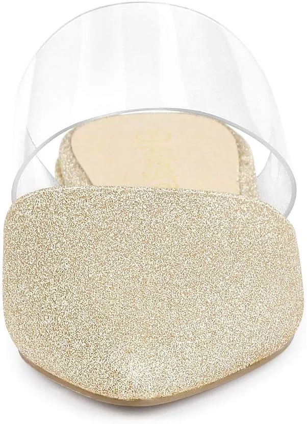 Allegra K Women's Glitter Clear Strap Flat Mules