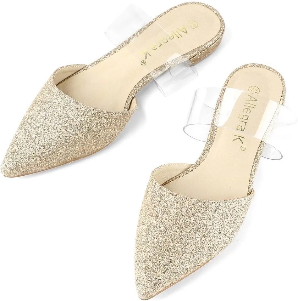Allegra K Women's Glitter Clear Strap Flat Mules
