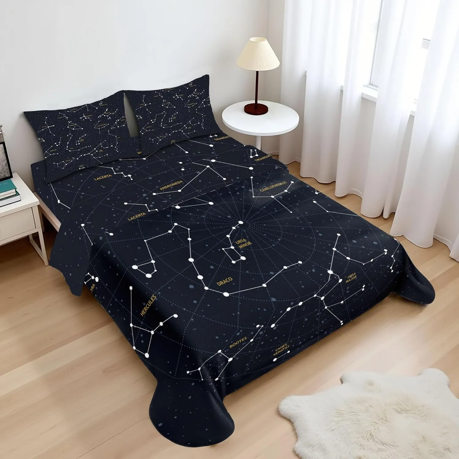 Ambesonne Constellation Sheet Set, Sky Map Andromeda Lacerta Cygnus Lyra Hercules Draco Bootes Lynx, Fitted and Flat Sheet with Pillowcases Bedding Accent 4 Piece Set, Calking, Dark Blue Yellow White