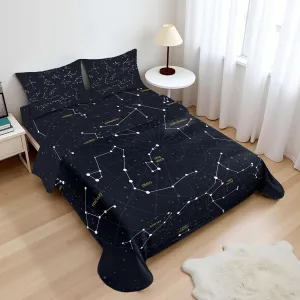 Ambesonne Constellation Sheet Set, Sky Map Andromeda Lacerta Cygnus Lyra Hercules Draco Bootes Lynx, Fitted and Flat Sheet with Pillowcases Bedding Accent 4 Piece Set, Calking, Dark Blue Yellow White