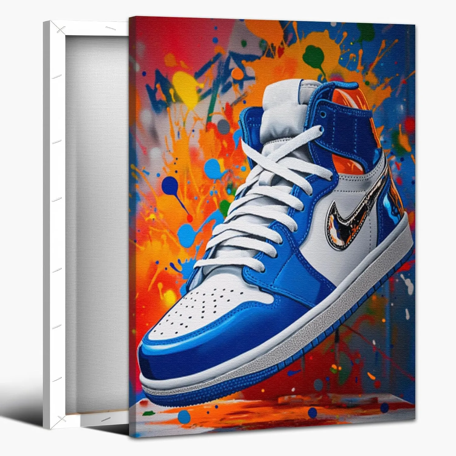 Banksy Graffiti Pop Sneaker Shoe Canvas Wall Art, Framed Trendy Cool Gym Sports Decor Picture Poster for Living Room Bedroom Home Office Artwork Gift for Teenager Boy Girl Room Decor 18x24 Inch