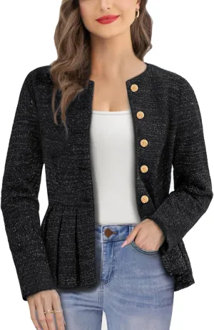 Belle Poque Womens Tweed Blazers Casual Jackets Long Sleeve Round Neck Open Front Ruffle Hem Blazer Jackets Work Suits