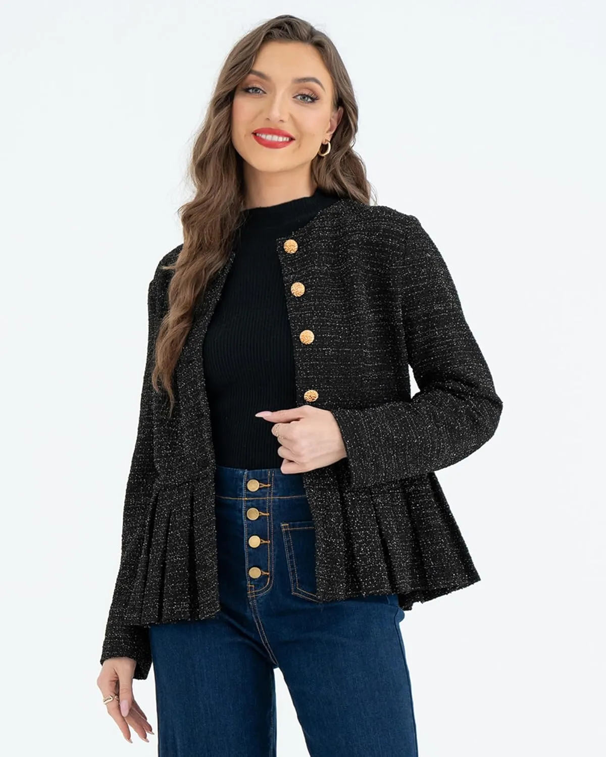 Belle Poque Womens Tweed Blazers Casual Jackets Long Sleeve Round Neck Open Front Ruffle Hem Blazer Jackets Work Suits