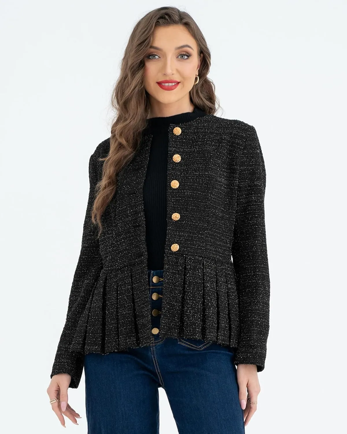 Belle Poque Womens Tweed Blazers Casual Jackets Long Sleeve Round Neck Open Front Ruffle Hem Blazer Jackets Work Suits