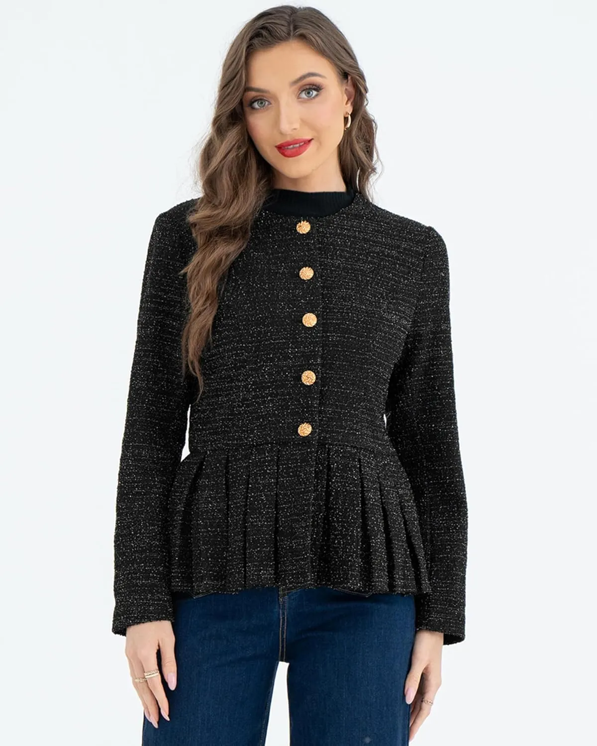 Belle Poque Womens Tweed Blazers Casual Jackets Long Sleeve Round Neck Open Front Ruffle Hem Blazer Jackets Work Suits