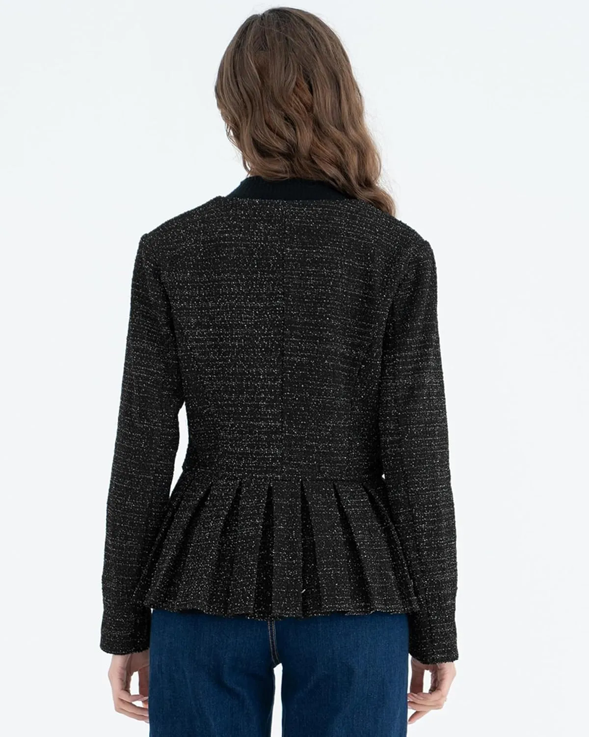 Belle Poque Womens Tweed Blazers Casual Jackets Long Sleeve Round Neck Open Front Ruffle Hem Blazer Jackets Work Suits