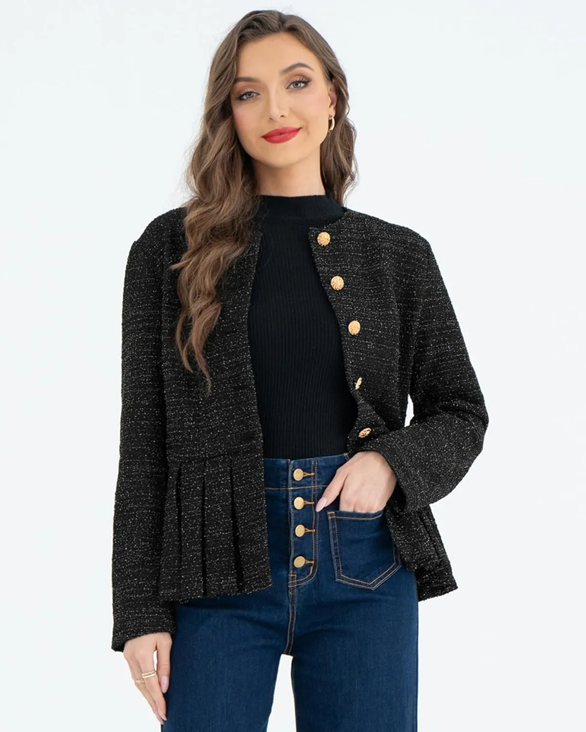 Belle Poque Womens Tweed Blazers Casual Jackets Long Sleeve Round Neck Open Front Ruffle Hem Blazer Jackets Work Suits