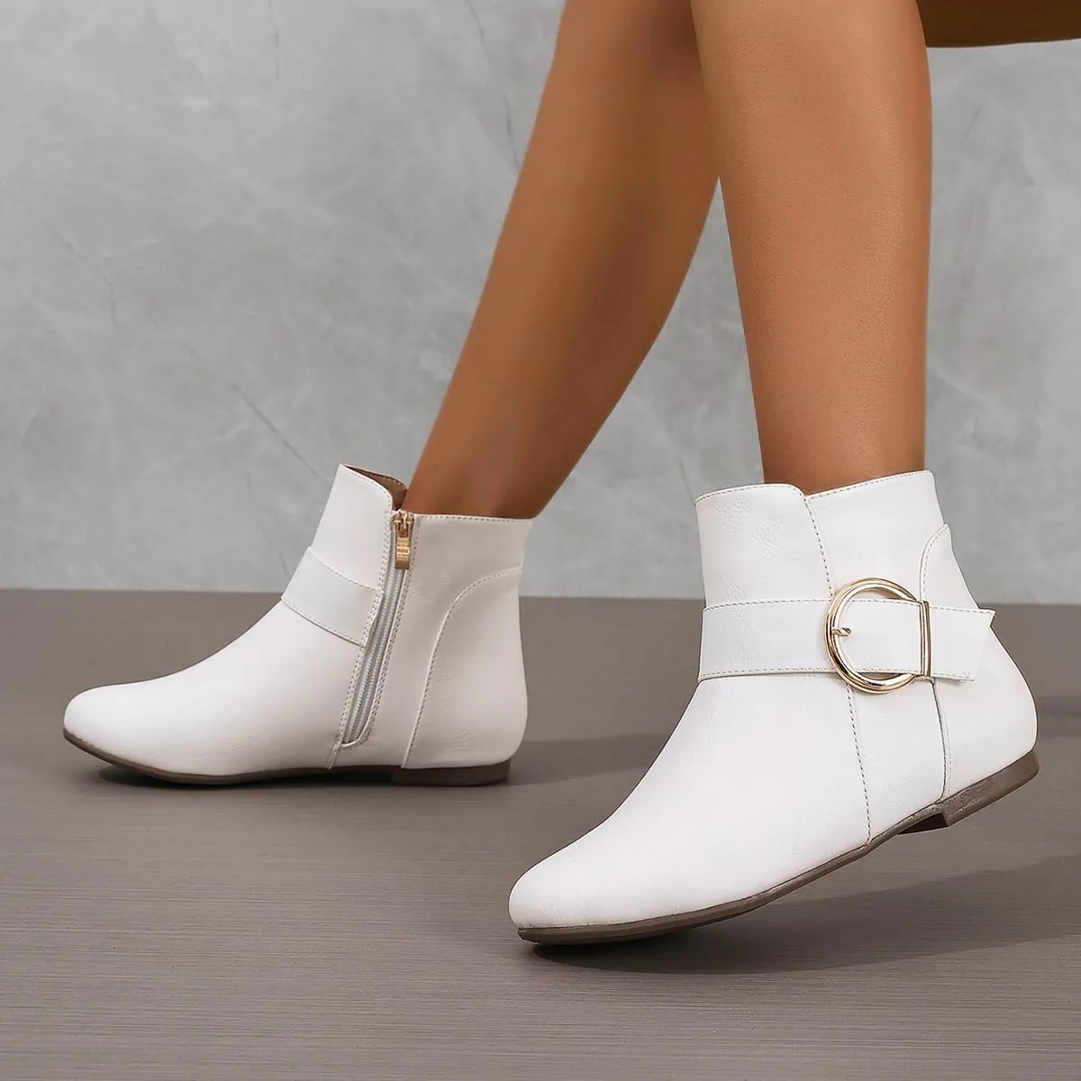 Black Leather Flat Ankle Booties for Women - Round Toe Fall Booties with Metal Lock, Stylish Flat Ankle Boots
