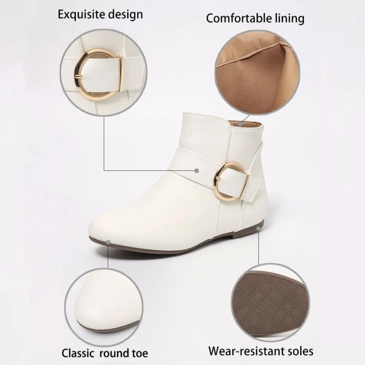 Black Leather Flat Ankle Booties for Women - Round Toe Fall Booties with Metal Lock, Stylish Flat Ankle Boots