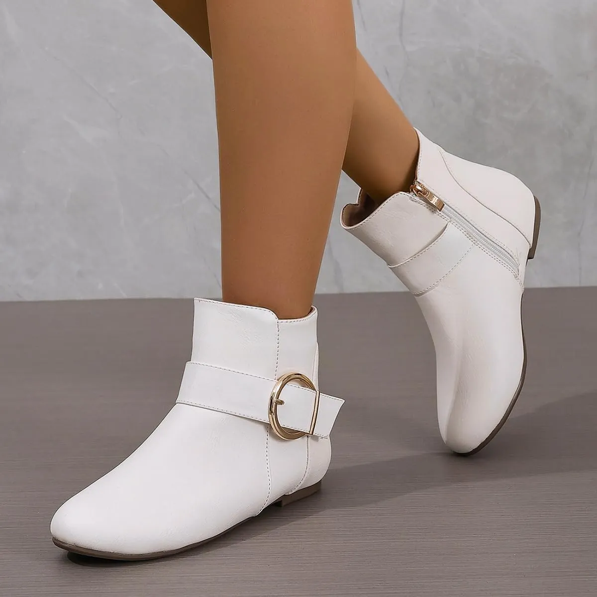 Black Leather Flat Ankle Booties for Women - Round Toe Fall Booties with Metal Lock, Stylish Flat Ankle Boots
