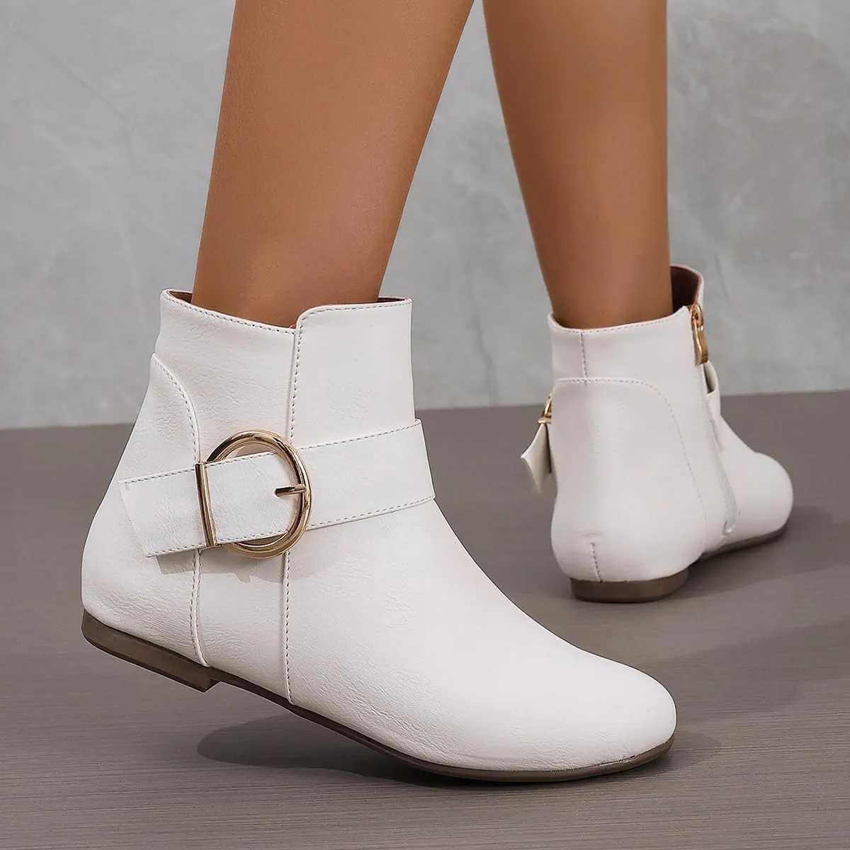 Black Leather Flat Ankle Booties for Women - Round Toe Fall Booties with Metal Lock, Stylish Flat Ankle Boots
