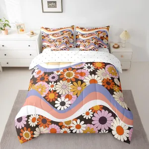 Boho Floral Comforter Set King, 7 Pcs Vintage Groovy Flowers Bed In A Bag 70S 80S Retro Flower Bedding 90S Floral Bed Set (1 Comforter,2 Pillowcase,2 Throw Pillow Covers,1 Flat Sheet,1 Fitted Sheet)