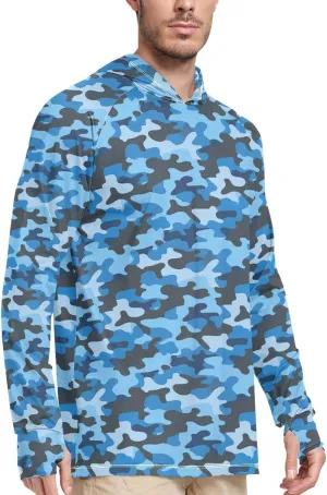 Camouflage Blue Sun Shirt Hoodie for Men Long Sleeve UPF 50   Mens Sun Shirts Hiking Hoodie Men Rash Guards