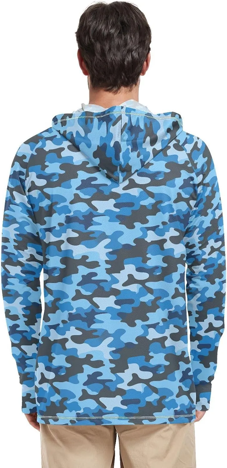 Camouflage Blue Sun Shirt Hoodie for Men Long Sleeve UPF 50   Mens Sun Shirts Hiking Hoodie Men Rash Guards