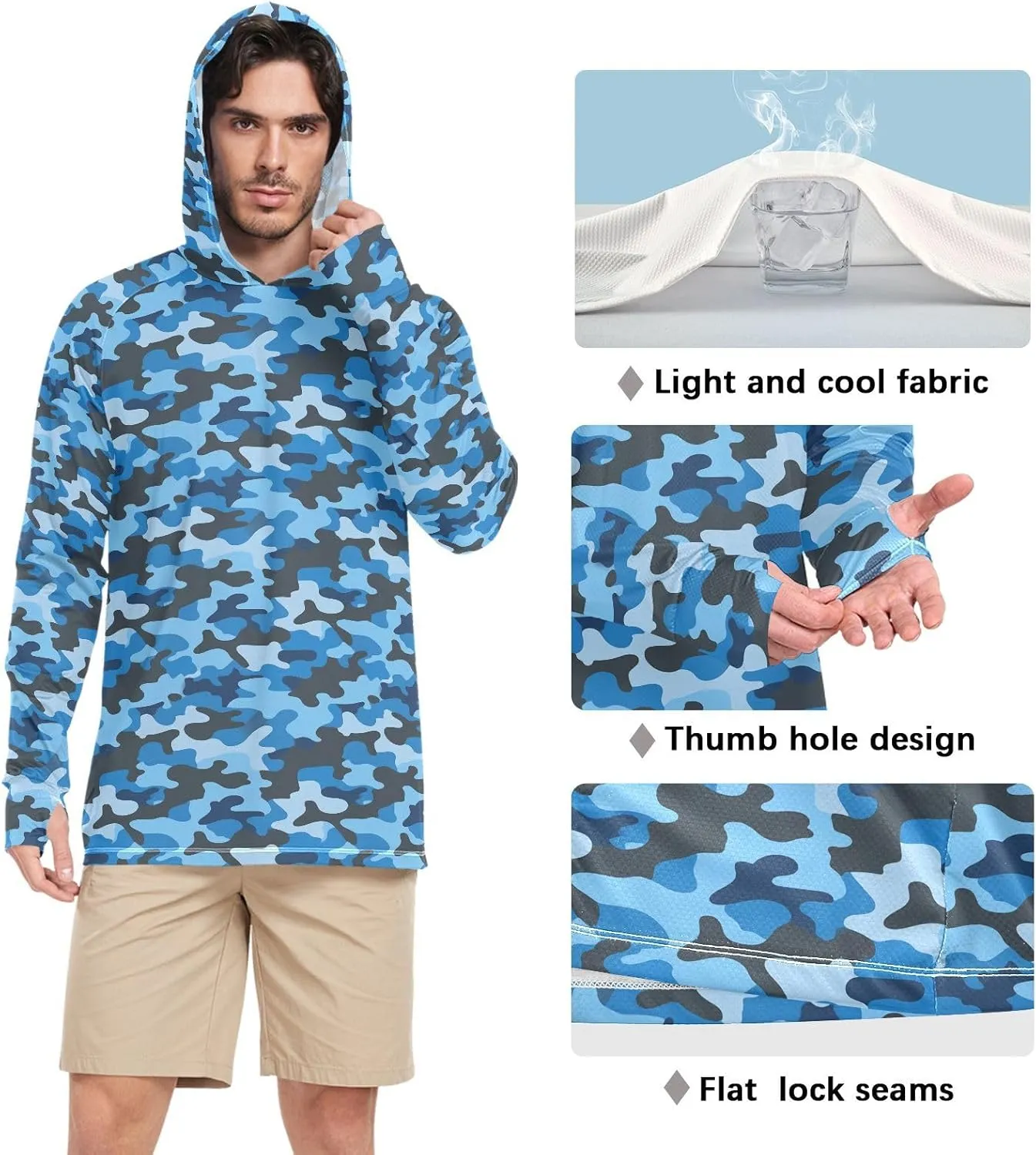Camouflage Blue Sun Shirt Hoodie for Men Long Sleeve UPF 50   Mens Sun Shirts Hiking Hoodie Men Rash Guards
