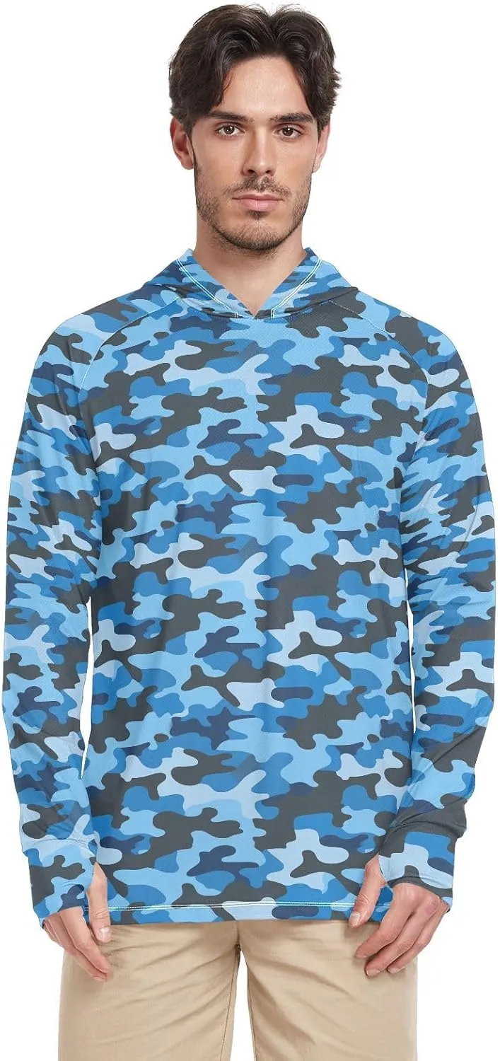 Camouflage Blue Sun Shirt Hoodie for Men Long Sleeve UPF 50   Mens Sun Shirts Hiking Hoodie Men Rash Guards