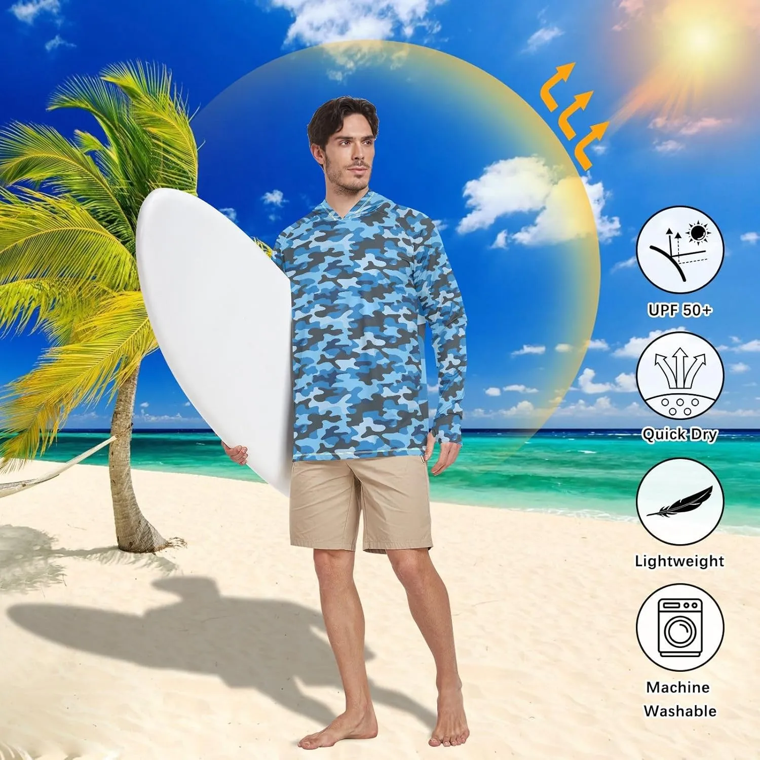 Camouflage Blue Sun Shirt Hoodie for Men Long Sleeve UPF 50   Mens Sun Shirts Hiking Hoodie Men Rash Guards