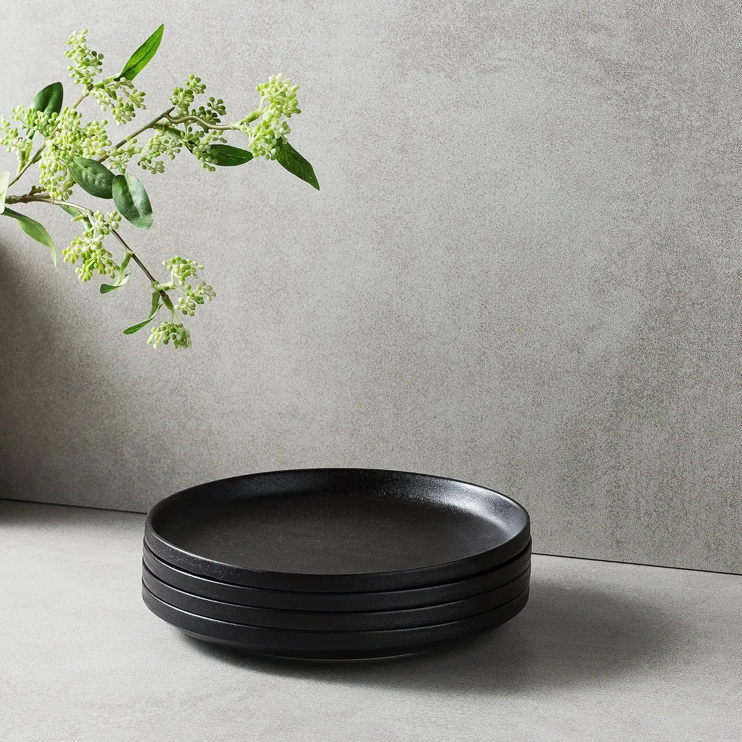 Ceramic Flat Plates Set of 4-8 in - The Dessert, Salad, Appetizer, Small Lunch, etc Plate. Microwave, Oven, and Dishwasher Safe, Scratch Resistant. Kitchen Porcelain Dish-Matte Black
