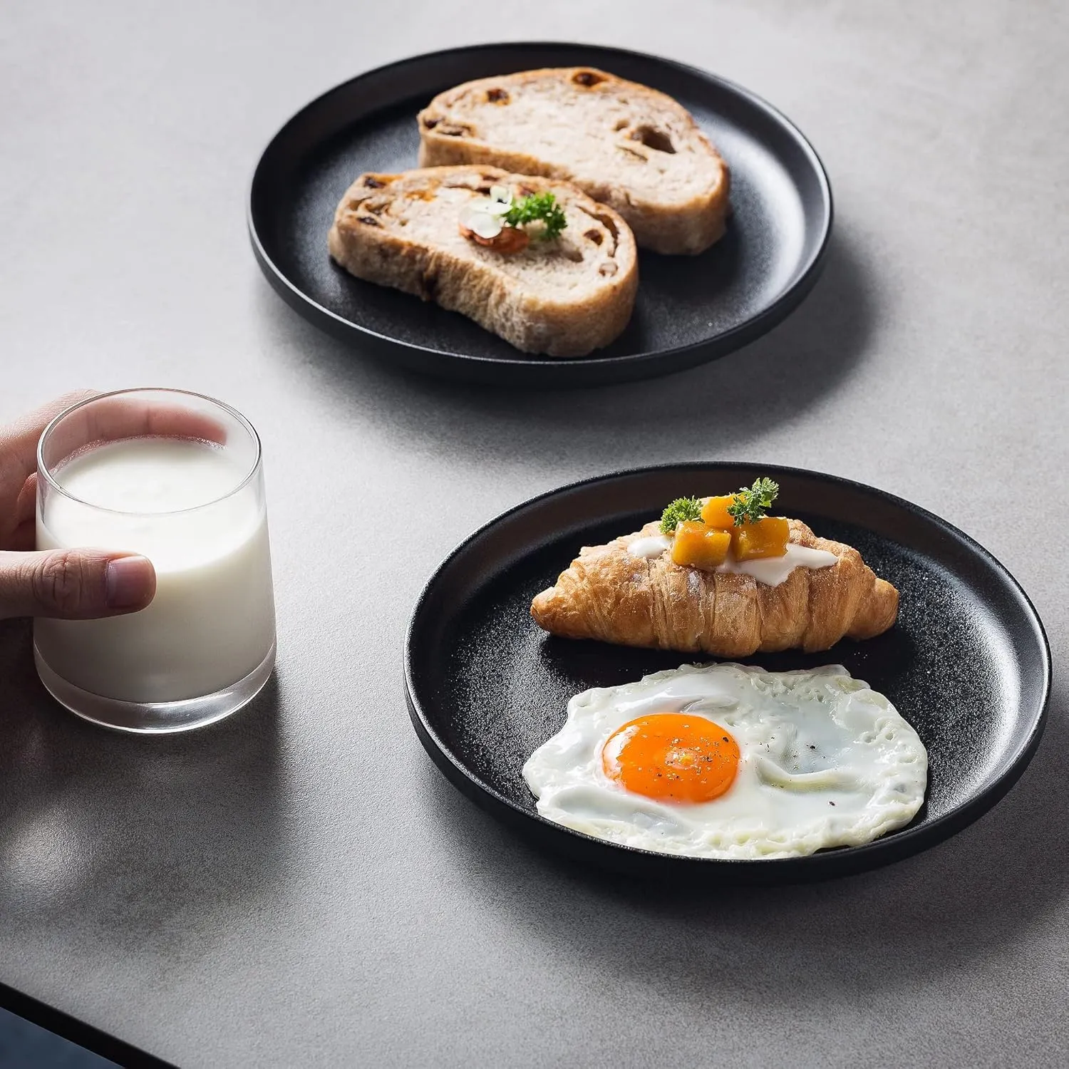 Ceramic Flat Plates Set of 4-8 in - The Dessert, Salad, Appetizer, Small Lunch, etc Plate. Microwave, Oven, and Dishwasher Safe, Scratch Resistant. Kitchen Porcelain Dish-Matte Black
