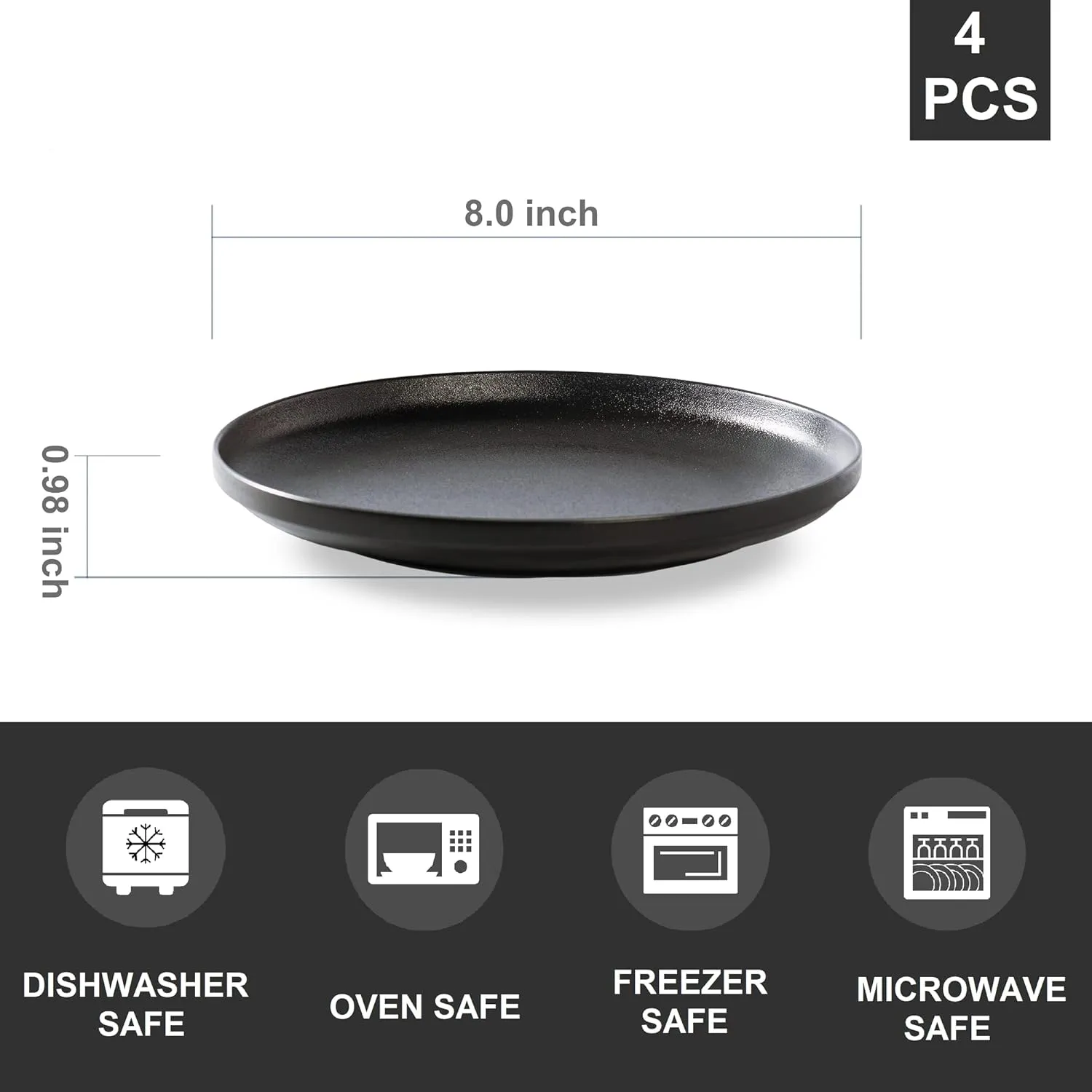 Ceramic Flat Plates Set of 4-8 in - The Dessert, Salad, Appetizer, Small Lunch, etc Plate. Microwave, Oven, and Dishwasher Safe, Scratch Resistant. Kitchen Porcelain Dish-Matte Black
