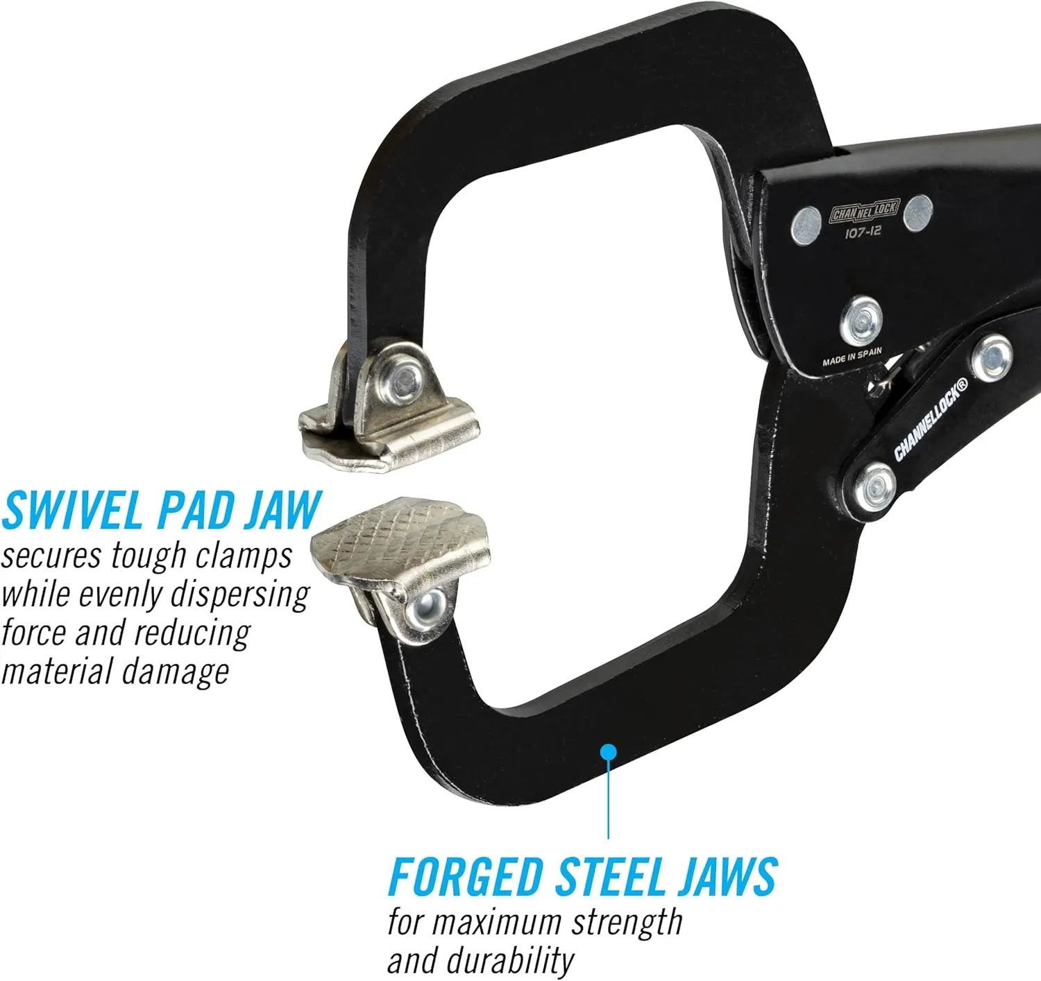 Channellock 107-12 12” C-Clamp Locking Pliers with Swivel Pads, Epoxy Resin Coating, Forged Steel, C-Clamp Offers Additional Clearance when Securing Material