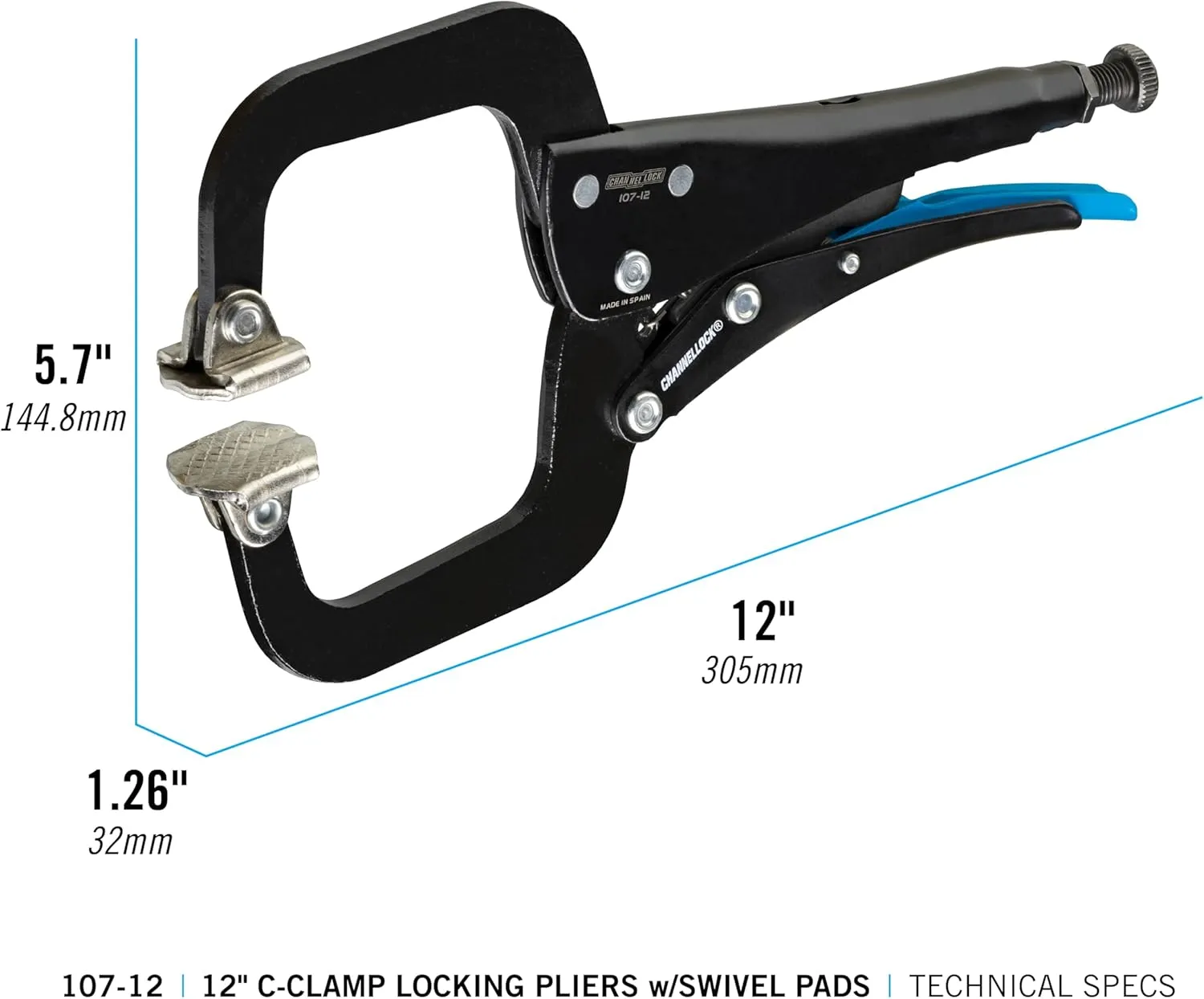 Channellock 107-12 12” C-Clamp Locking Pliers with Swivel Pads, Epoxy Resin Coating, Forged Steel, C-Clamp Offers Additional Clearance when Securing Material