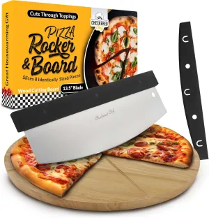 Checkered Chef Premium Pizza Cutter and Cutting Board Set - Rocker Pizza Cutter and 13.5 Inch Round Wooden Pizza Board - Outdoor Pizza Oven Accessories