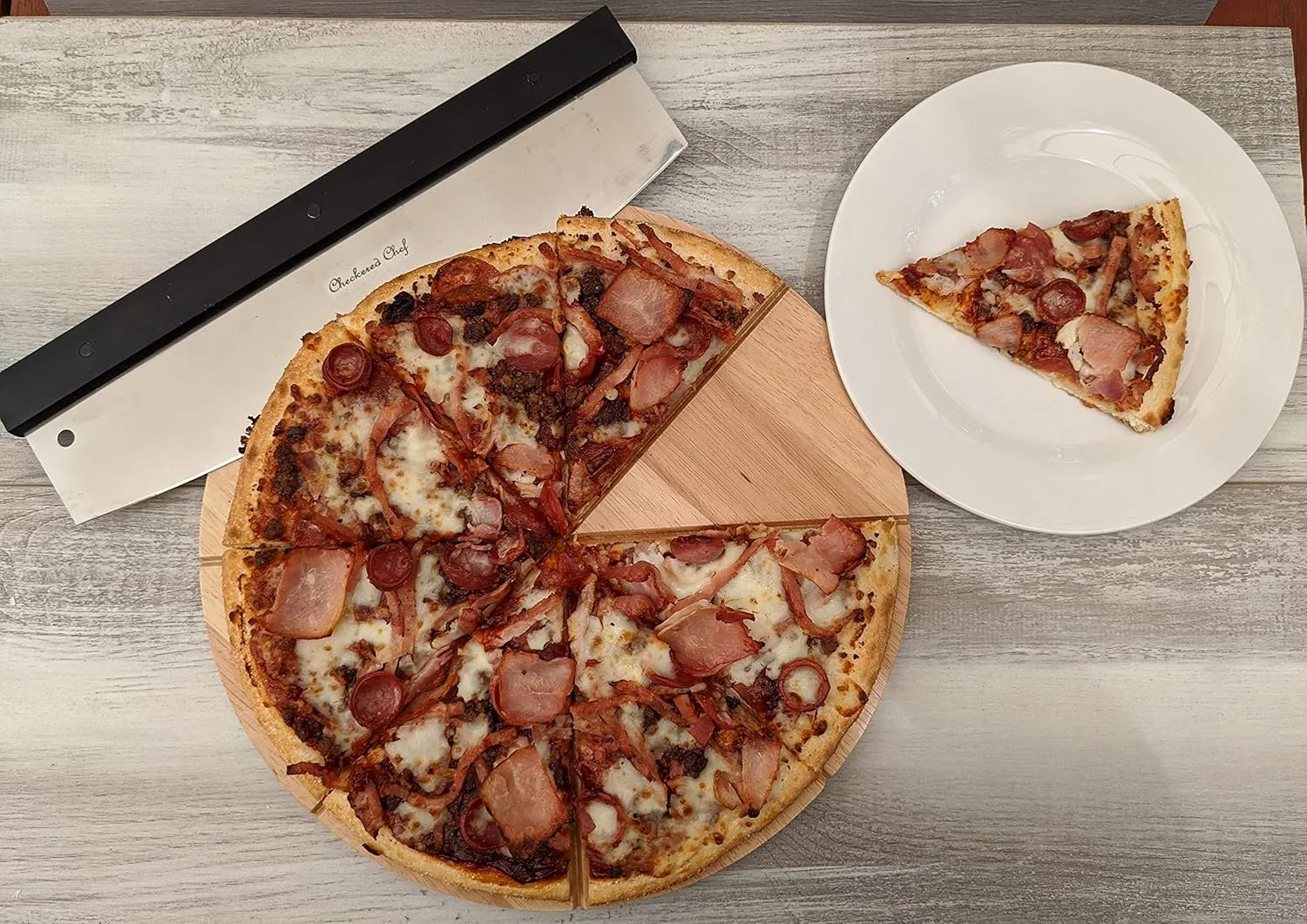 Checkered Chef Premium Pizza Cutter and Cutting Board Set - Rocker Pizza Cutter and 13.5 Inch Round Wooden Pizza Board - Outdoor Pizza Oven Accessories