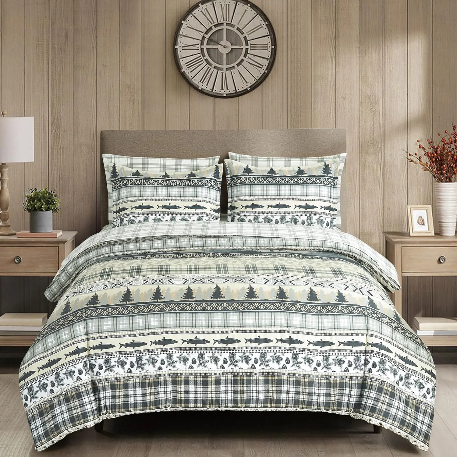 Chezmoi Collection Ridge 7-Piece Northwest Cabin Lodge Bed in a Bag King Comforter Set - Multicolor Pine Tree Fish Deer Printed Microfiber Bedding Set
