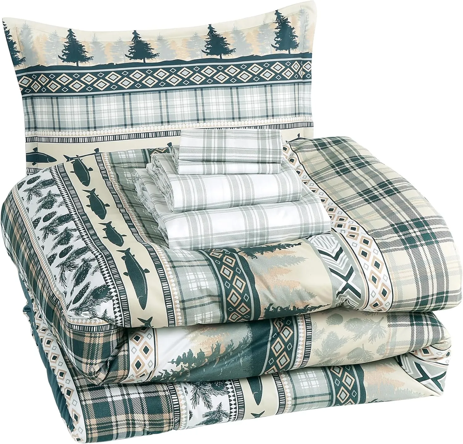 Chezmoi Collection Ridge 7-Piece Northwest Cabin Lodge Bed in a Bag King Comforter Set - Multicolor Pine Tree Fish Deer Printed Microfiber Bedding Set
