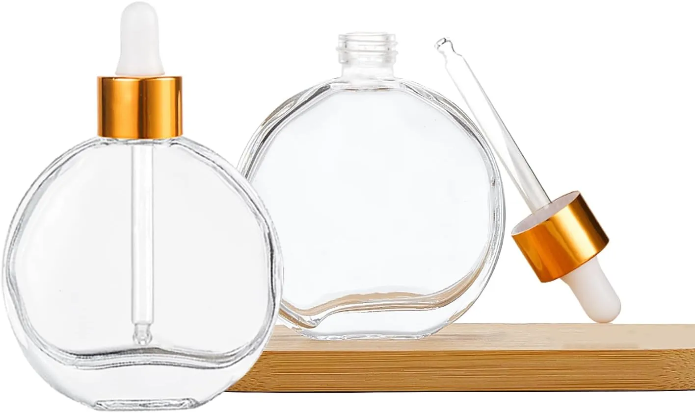 Clear Dropper Bottles 2 OZ 6 Pcs Transparent Round Flat Glass Bottles with Eye Dropper, for Perfume Serums Hair Oils and other liquids (Clear-Gold Lids, 2 OZ)
