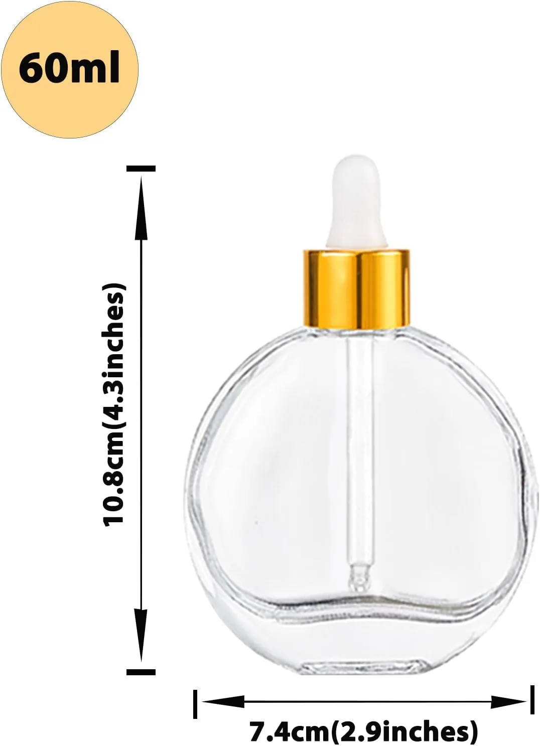 Clear Dropper Bottles 2 OZ 6 Pcs Transparent Round Flat Glass Bottles with Eye Dropper, for Perfume Serums Hair Oils and other liquids (Clear-Gold Lids, 2 OZ)