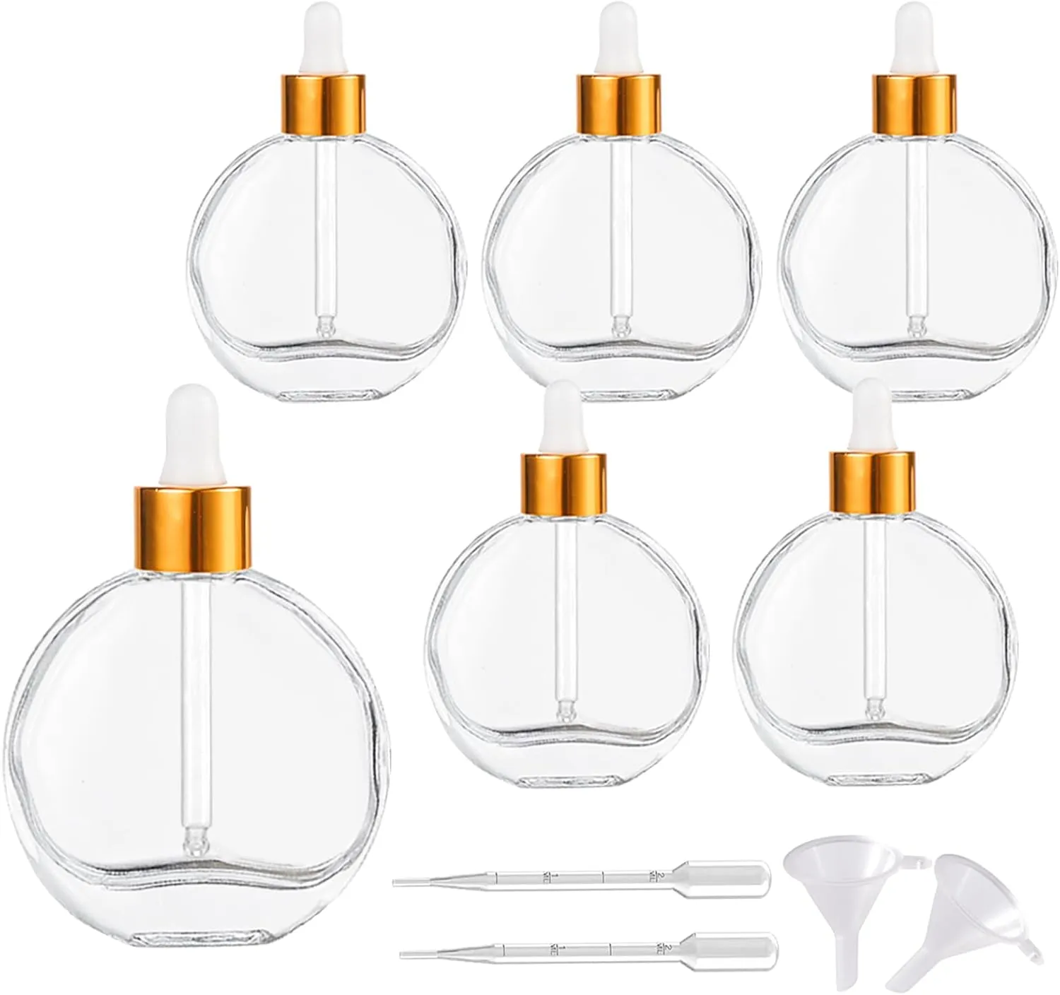 Clear Dropper Bottles 2 OZ 6 Pcs Transparent Round Flat Glass Bottles with Eye Dropper, for Perfume Serums Hair Oils and other liquids (Clear-Gold Lids, 2 OZ)