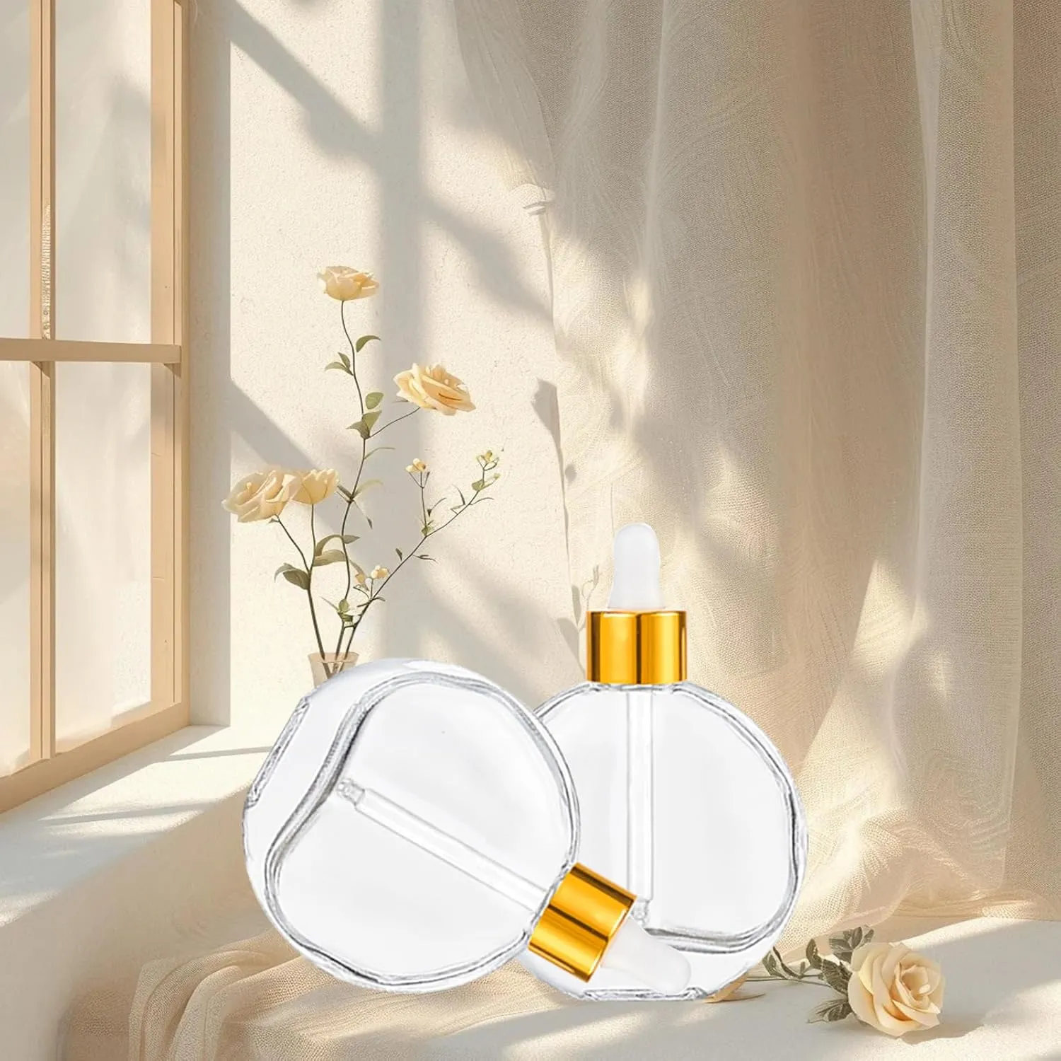 Clear Dropper Bottles 2 OZ 6 Pcs Transparent Round Flat Glass Bottles with Eye Dropper, for Perfume Serums Hair Oils and other liquids (Clear-Gold Lids, 2 OZ)