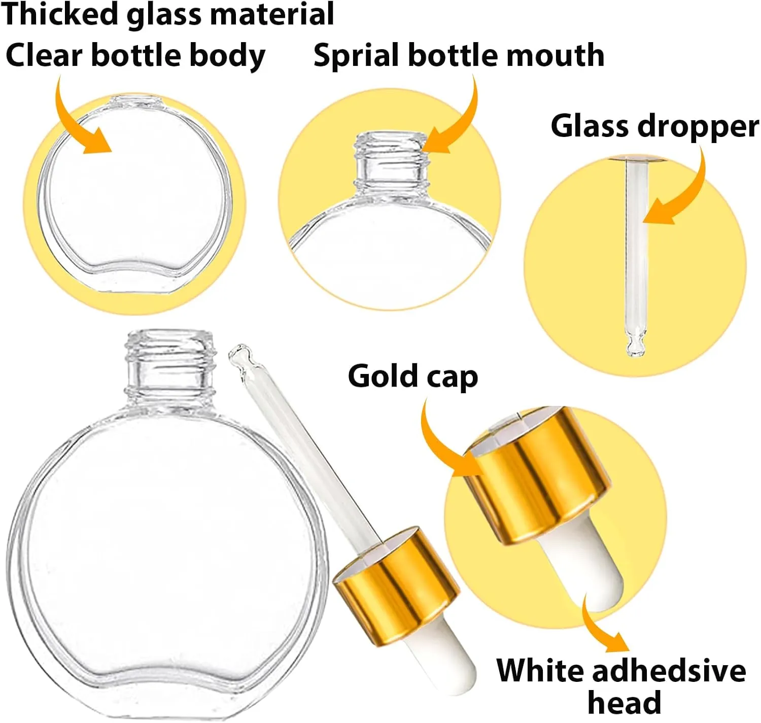 Clear Dropper Bottles 2 OZ 6 Pcs Transparent Round Flat Glass Bottles with Eye Dropper, for Perfume Serums Hair Oils and other liquids (Clear-Gold Lids, 2 OZ)