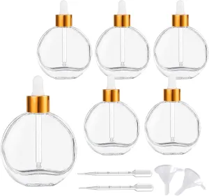 Clear Dropper Bottles 2 OZ 6 Pcs Transparent Round Flat Glass Bottles with Eye Dropper, for Perfume Serums Hair Oils and other liquids (Clear-Gold Lids, 2 OZ)