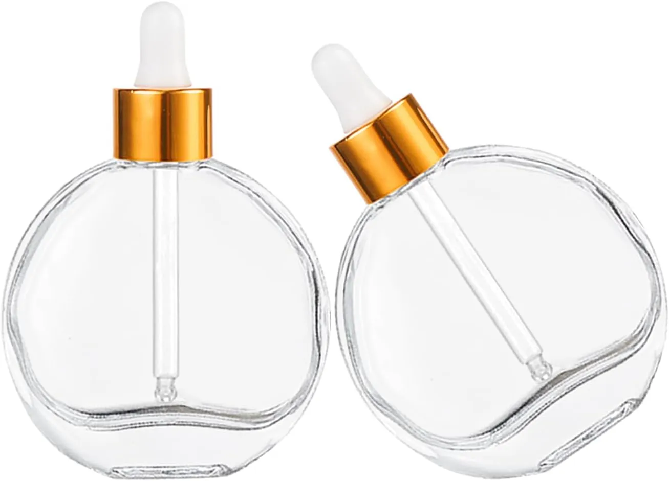 Clear Dropper Bottles 2 OZ 6 Pcs Transparent Round Flat Glass Bottles with Eye Dropper, for Perfume Serums Hair Oils and other liquids (Clear-Gold Lids, 2 OZ)