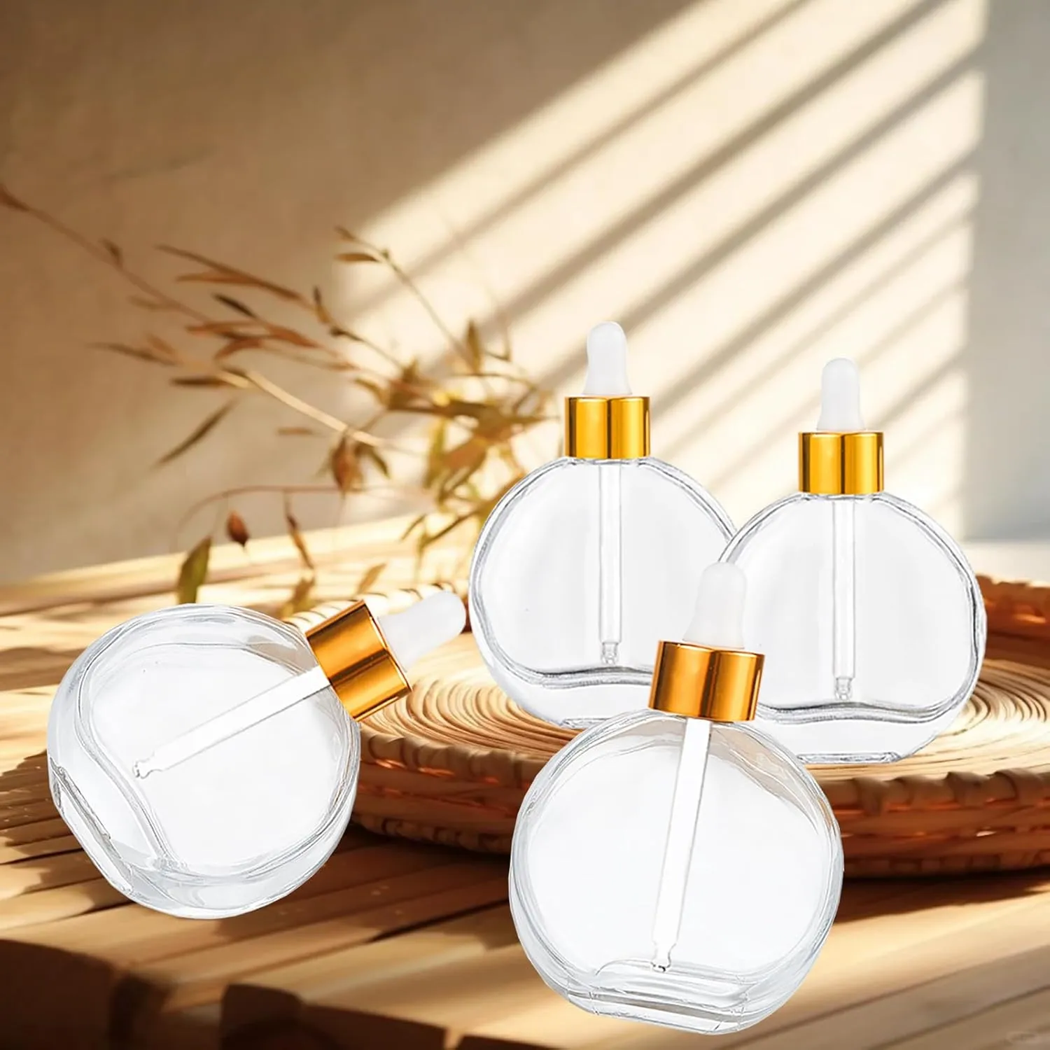 Clear Dropper Bottles 2 OZ 6 Pcs Transparent Round Flat Glass Bottles with Eye Dropper, for Perfume Serums Hair Oils and other liquids (Clear-Gold Lids, 2 OZ)
