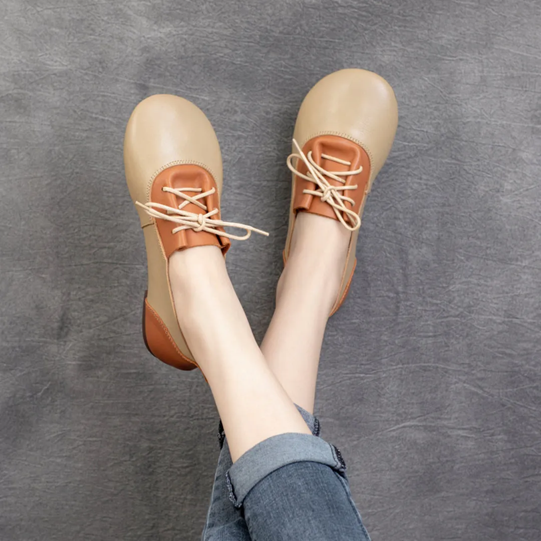 Color-Block Lace-Up Flat Leather Shoes